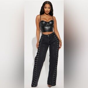 Fashion Nova Mind Games Lace Up Non Stretch Straight Leg Jean - Black Wash